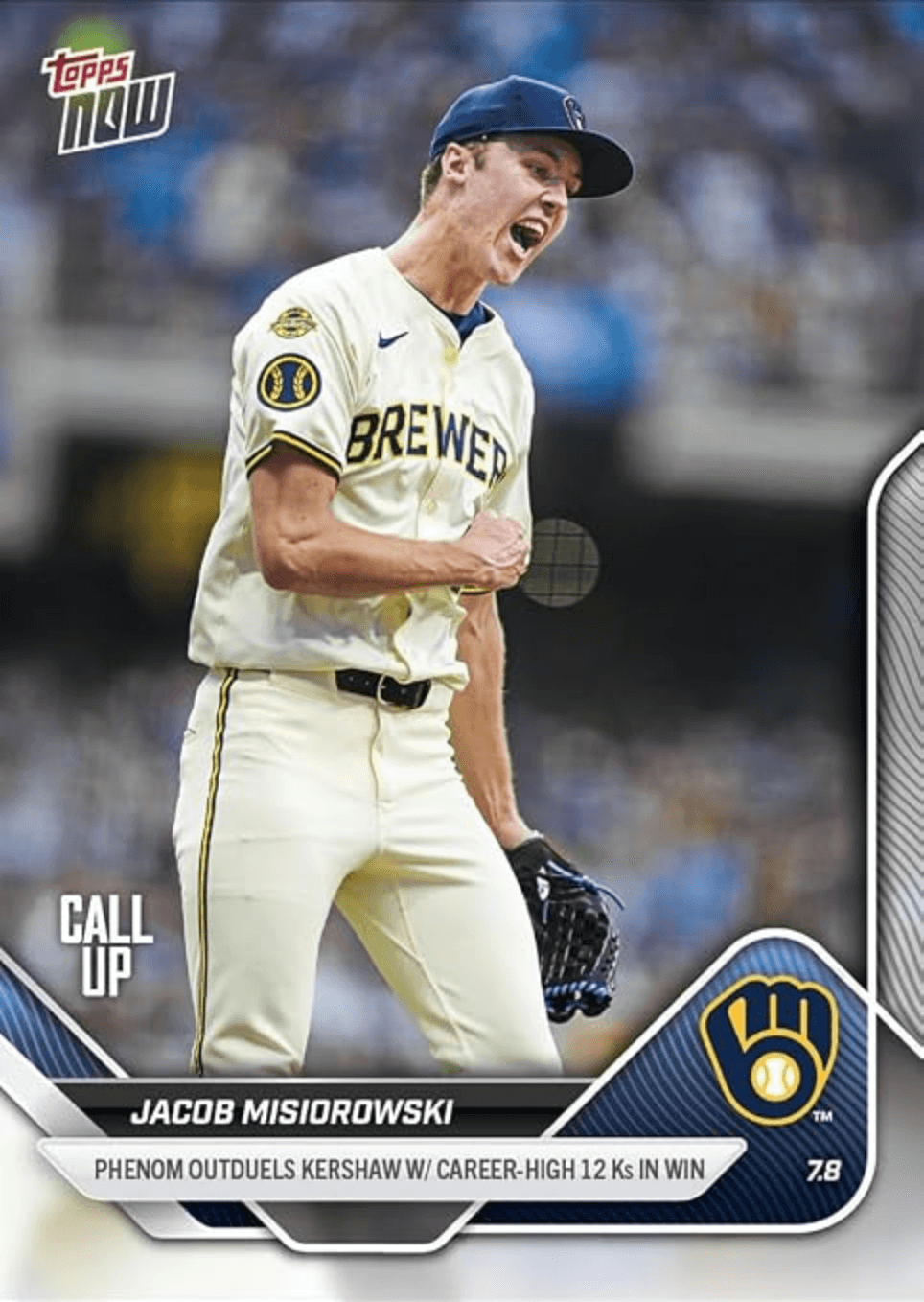 2025 Topps Now Jacob Misiorowski #402 Phenom Outduels Clayton Kershaw with Career High 12ks in Win Milwaukee Brewers Rookie RC Baseball Card