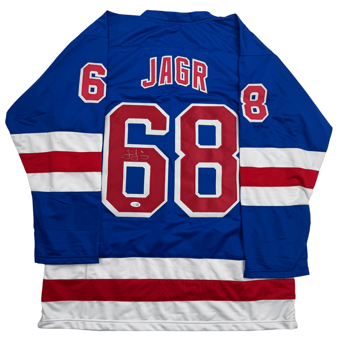 Autographed/Signed Jaromir Jagr New York Blue Hockey Jersey JSA COA