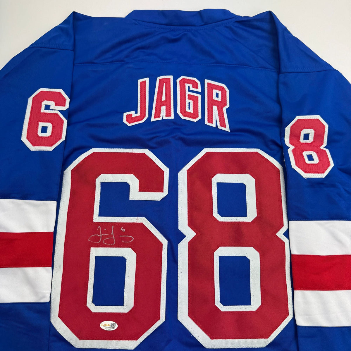 Autographed/Signed Jaromir Jagr New York Blue Hockey Jersey JSA COA