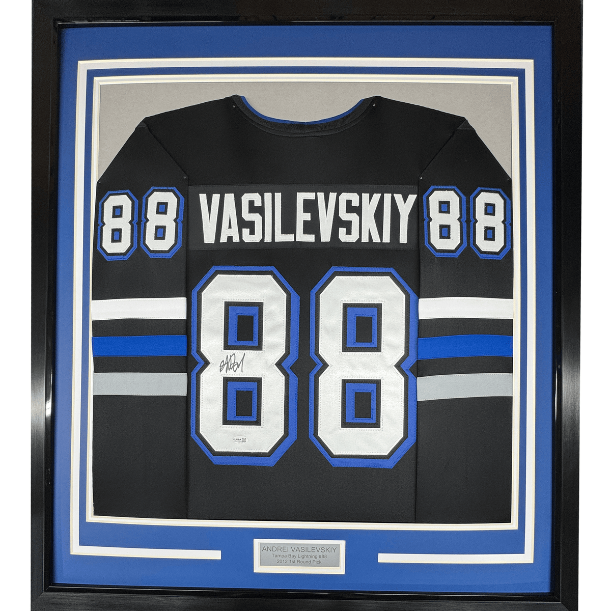 Framed Autographed/Signed Andrei Vasilevskiy 35x39 Tampa Bay Black Hockey Jersey JSA COA