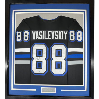 Framed Autographed/Signed Andrei Vasilevskiy 35x39 Tampa Bay Black Hockey Jersey JSA COA