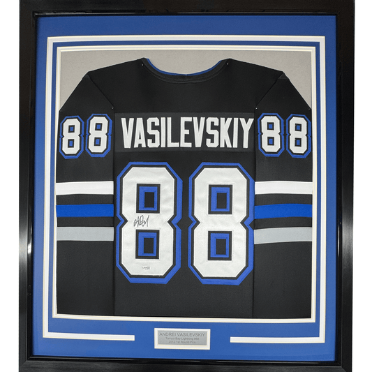 Framed Autographed/Signed Andrei Vasilevskiy 35x39 Tampa Bay Black Hockey Jersey JSA COA