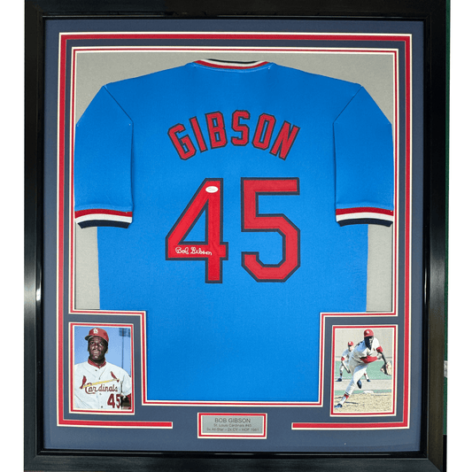 Framed Autographed/Signed Bob Gibson 35x39 St. Louis Blue Baseball Jersey JSA COA