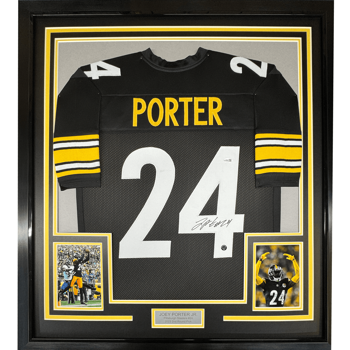 Framed Autographed/Signed Joey Porter Jr. 35x39 Pittsburgh Black Football Jersey JSA COA