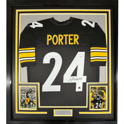 Framed Autographed/Signed Joey Porter Jr. 35x39 Pittsburgh Black Football Jersey JSA COA
