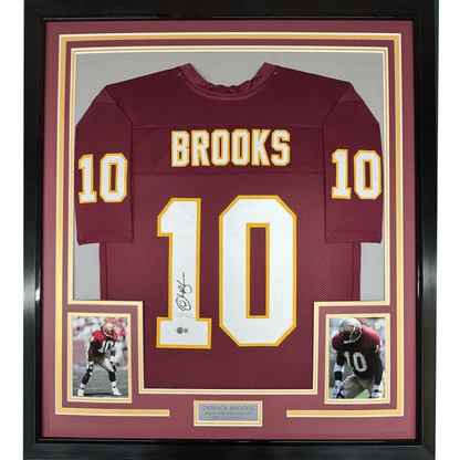 Framed Autographed/Signed Derrick Brooks 35x39 Florida State FSU Maroon College Football Jersey Beckett BAS COA