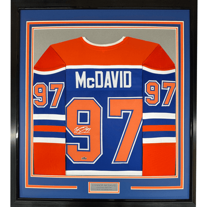 Framed Facsimile Autographed Connor McDavid 35x39 Edmonton Blue Reprint Laser Auto Hockey Jersey