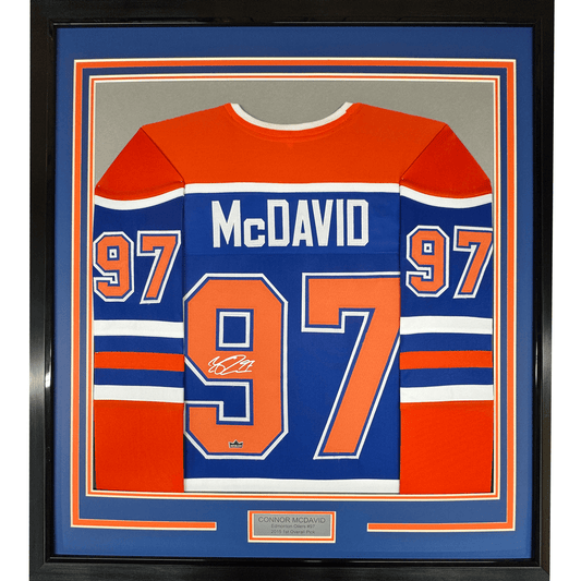 Framed Facsimile Autographed Connor McDavid 35x39 Edmonton Blue Reprint Laser Auto Hockey Jersey