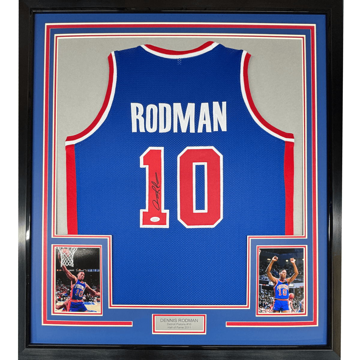 Framed Autographed/Signed Dennis Rodman 35x39 Detroit Blue Basketball Jersey PSA/DNA COA
