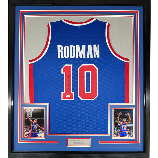 Framed Autographed/Signed Dennis Rodman 35x39 Detroit Blue Basketball Jersey PSA/DNA COA