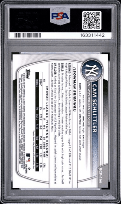 Graded 2025 Topps Bowman Chrome Cam Schlittler #BCP166 Prospects Rookie RC Baseball Card PSA 10 Gem Mint