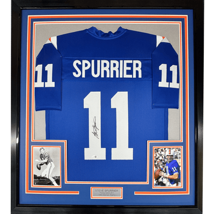 Framed Autographed/Signed Steve Spurrier 35x39 Florida Blue College Football Jersey JSA COA