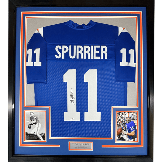 Framed Autographed/Signed Steve Spurrier 35x39 Florida Blue College Football Jersey JSA COA
