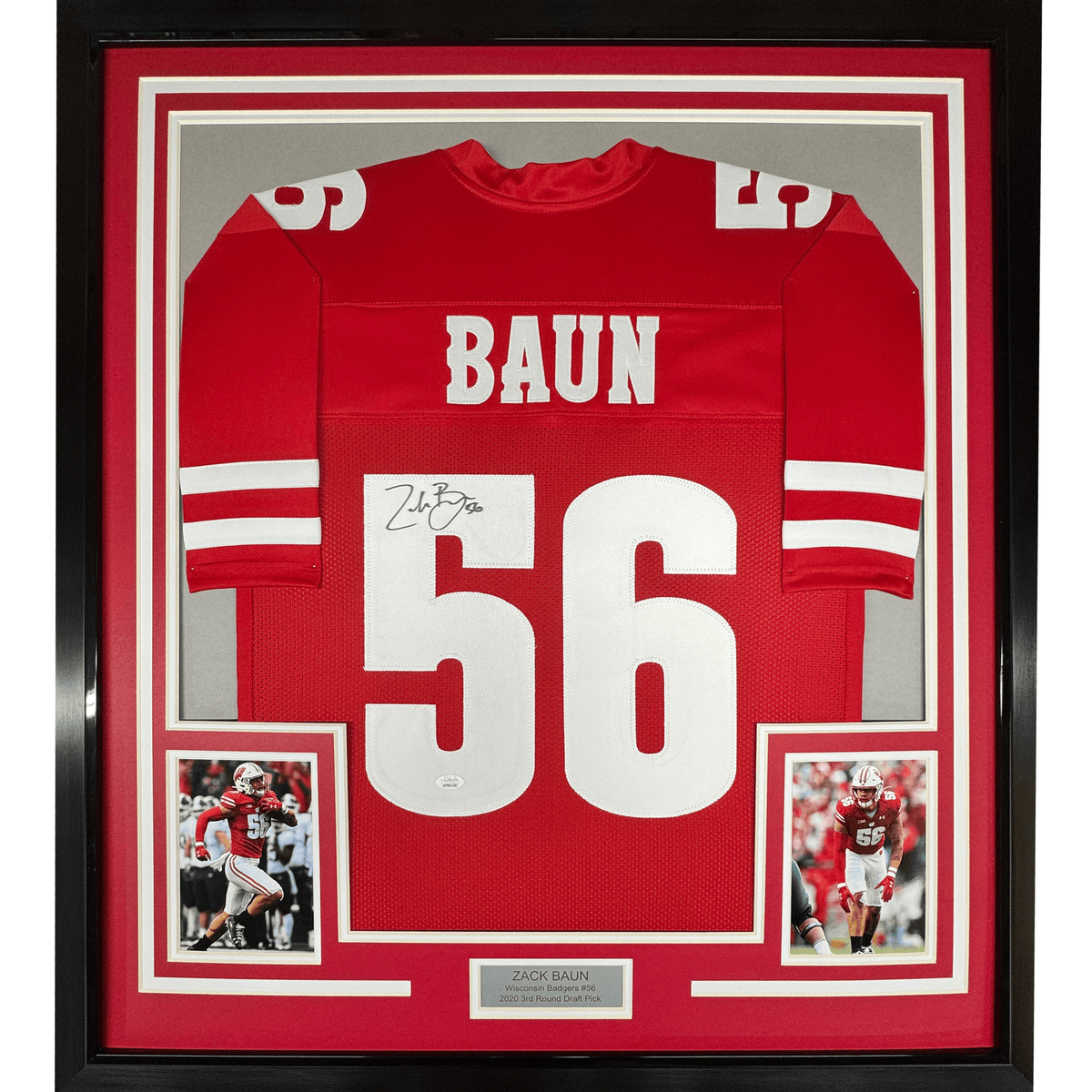 Framed Autographed/Signed Zack Baun 35x39 Wisconsin Red College Football Jersey JSA COA