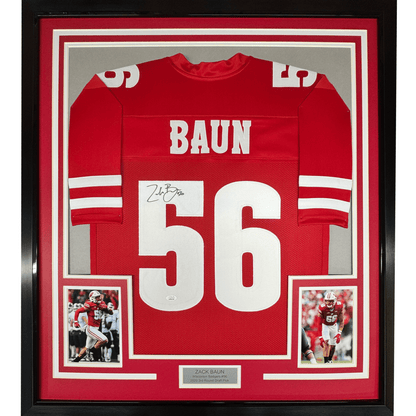 Framed Autographed/Signed Zack Baun 35x39 Wisconsin Red College Football Jersey JSA COA