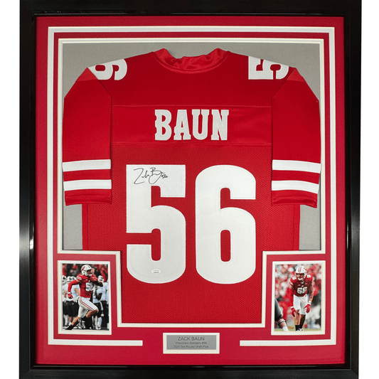 Framed Autographed/Signed Zack Baun 35x39 Wisconsin Red College Football Jersey JSA COA
