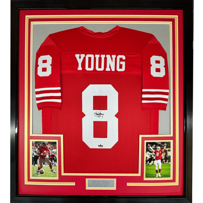 Framed Facsimile Autographed Steve Young 35x39 San Francisco Red Reprint Laser Auto Football Jersey Size Men's XL