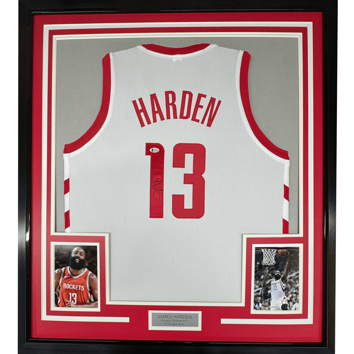 Framed Autographed/Signed James Harden 35x39 Houston White Basketball Jersey Beckett BAS COA