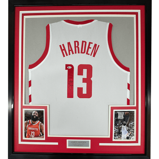 Framed Autographed/Signed James Harden 35x39 Houston White Basketball Jersey Beckett BAS COA