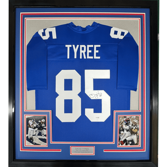 Framed Autographed/Signed David Tyree 35x39 New York Blue Super Bowl XLII Catch Football Jersey JSA COA