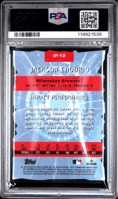 Graded 2024 Topps Bowmans Best Jackson Chourio #IP12 Impact Players Rookie RC Baseball Card PSA 10 Gem Mint