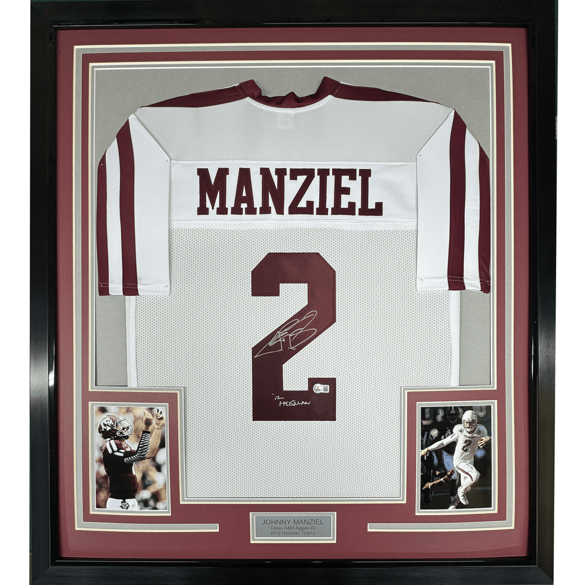 Framed Autographed/Signed Johnny Manziel 12 Heisman 35x39 Texas A&M White College Football Jersey JSA COA