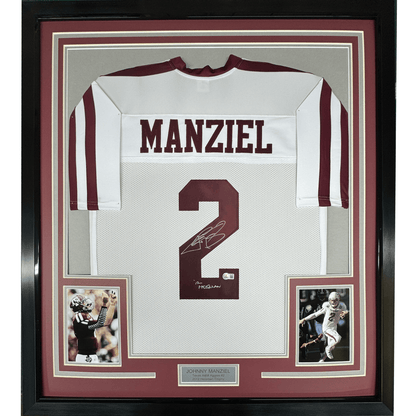 Framed Autographed/Signed Johnny Manziel 12 Heisman 35x39 Texas A&M White College Football Jersey JSA COA