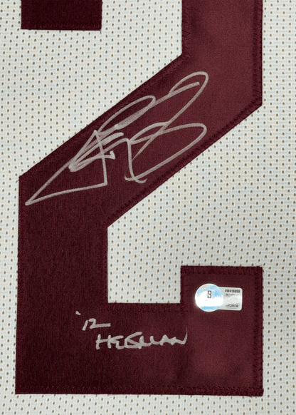 Framed Autographed/Signed Johnny Manziel 12 Heisman 35x39 Texas A&M White College Football Jersey JSA COA
