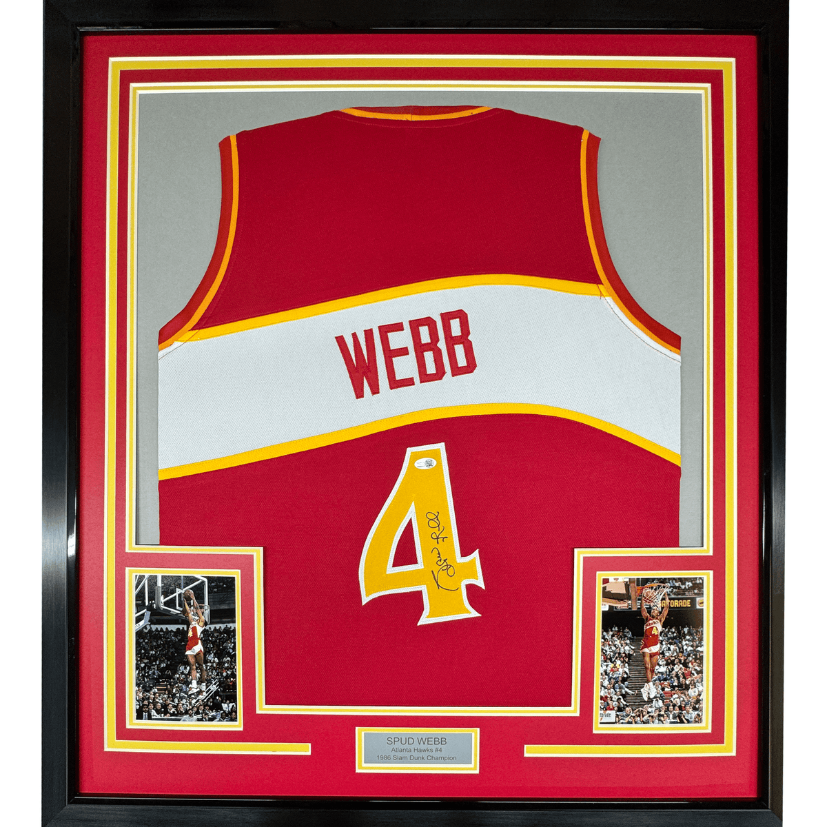 Framed Autographed/Signed Spud Webb 35x39 Atlanta Red Basketball Jersey JSA COA