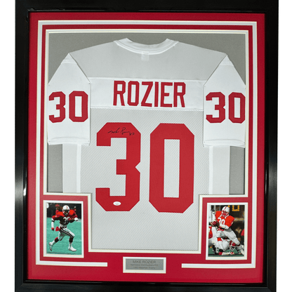 Framed Autographed/Signed Mike Rozier 35x39 Nebraska White College Football Jersey JSA COA