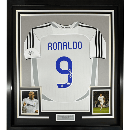 Framed Autographed/Signed Ronaldo Nazario 35x39 Real Madrid White Soccer Jersey Beckett BAS COA