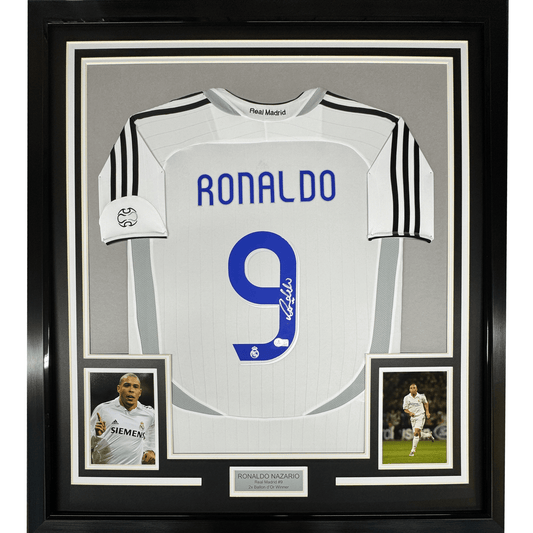 Framed Autographed/Signed Ronaldo Nazario 35x39 Real Madrid White Soccer Jersey Beckett BAS COA