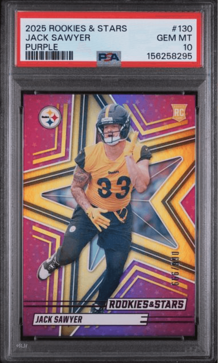 Graded 2025 Panini Rookies & Stars Jack Sawyer #130 Purple /890 Rookie RC Football Card PSA 10 Gem Mint