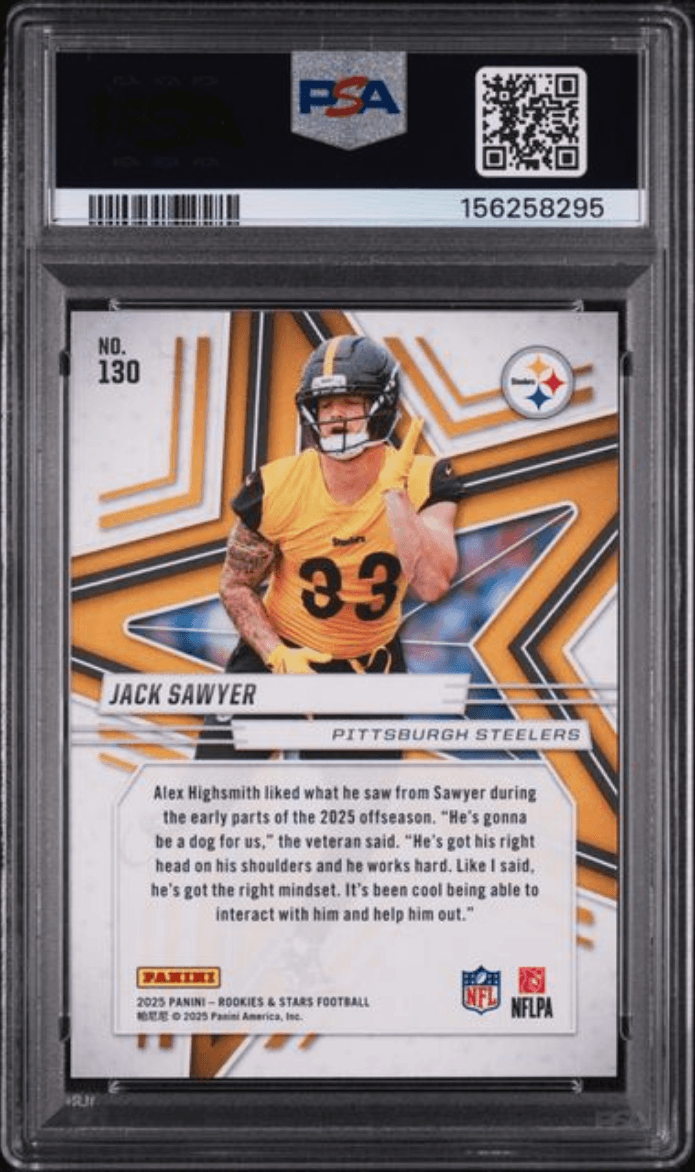 Graded 2025 Panini Rookies & Stars Jack Sawyer #130 Purple /890 Rookie RC Football Card PSA 10 Gem Mint