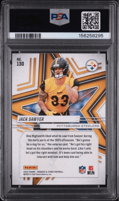 Graded 2025 Panini Rookies & Stars Jack Sawyer #130 Purple /890 Rookie RC Football Card PSA 10 Gem Mint