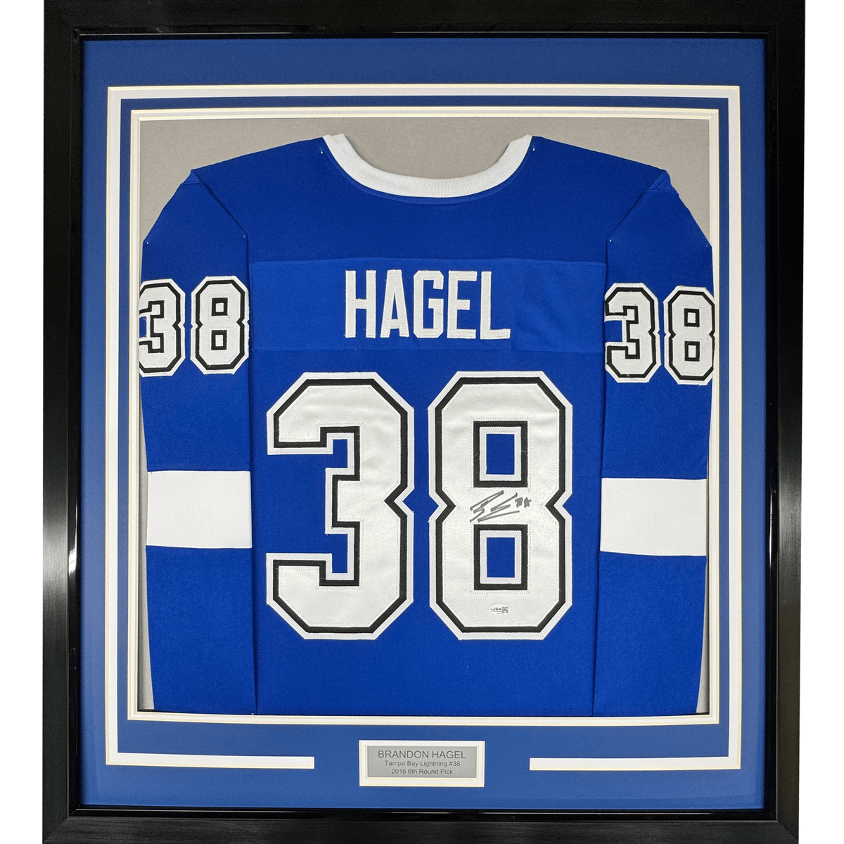 Framed Autographed/Signed Brandon Hagel 35x39 Tampa Bay Blue Hockey Jersey JSA COA