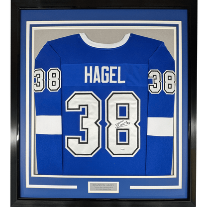 Framed Autographed/Signed Brandon Hagel 35x39 Tampa Bay Blue Hockey Jersey JSA COA