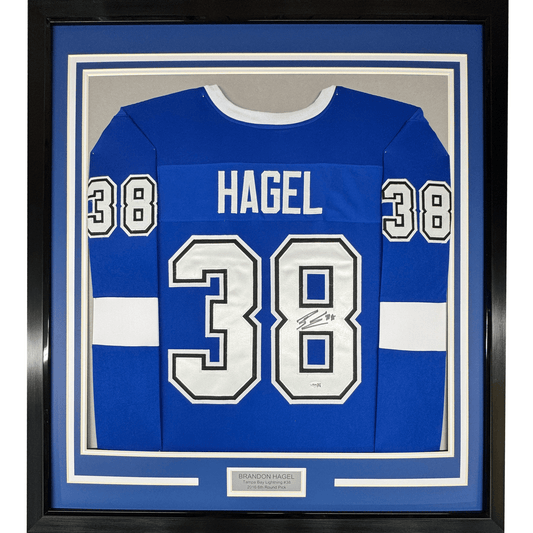 Framed Autographed/Signed Brandon Hagel 35x39 Tampa Bay Blue Hockey Jersey JSA COA