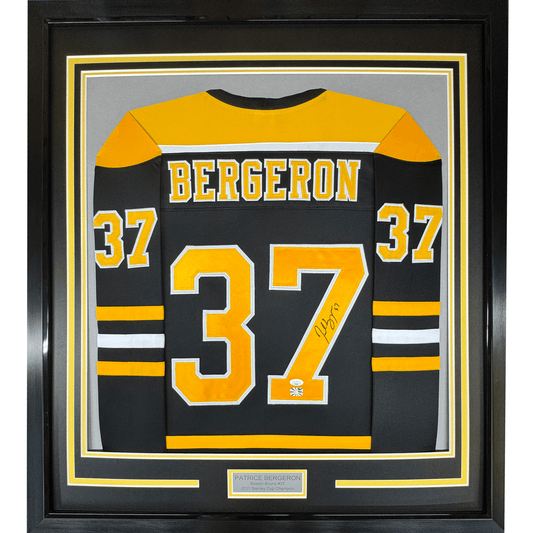Framed Autographed/Signed Patrice Bergeron 35x39 Boston Black Hockey Jersey JSA COA