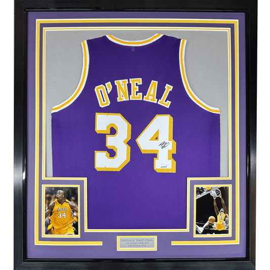 Framed Facsimile Autographed Shaquille Shaq O'Neal 35x39 Los Angeles LA Purple Reprint Laser Auto Basketball Jersey Size Men's XL