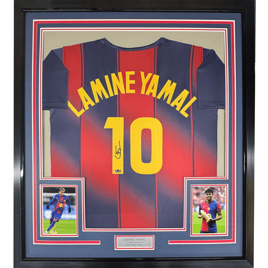 Facsimile Autographed Framed Lamine Yamal #10 35x39 FC Barcelona Blue/Red Reprint Laser Auto Soccer Jersey