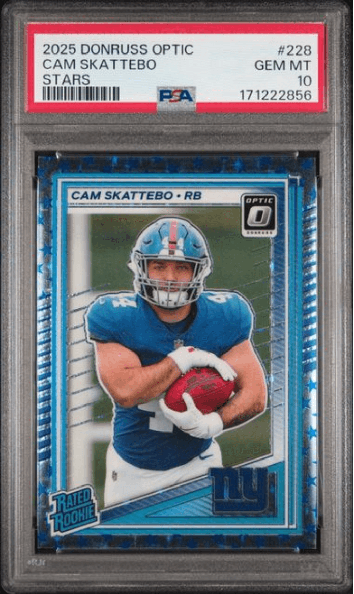 Graded 2025 Panini Donruss Optic Cam Skattebo #228 Stars Rookie RC Football Card PSA 10 Gem Mint