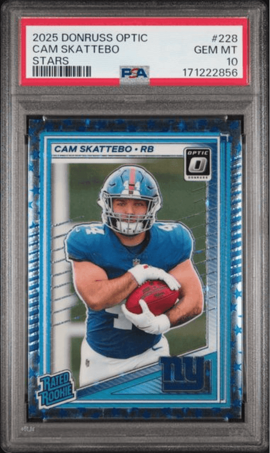 Graded 2025 Panini Donruss Optic Cam Skattebo #228 Stars Rookie RC Football Card PSA 10 Gem Mint