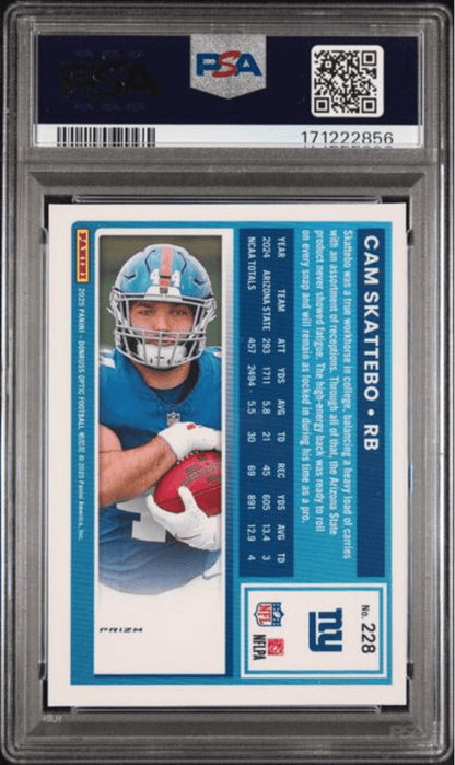 Graded 2025 Panini Donruss Optic Cam Skattebo #228 Stars Rookie RC Football Card PSA 10 Gem Mint