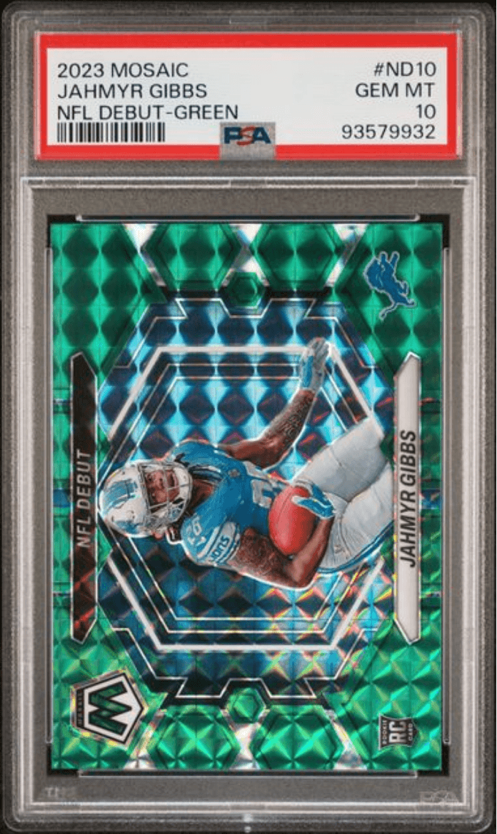 Graded 2023 Panini Mosaic Jahmyr Gibbs #ND10 NFL Debut Green Rookie RC Football Card PSA 10 Gem Mint