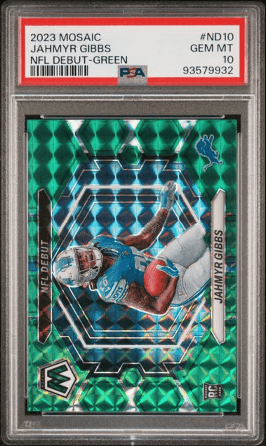 Graded 2023 Panini Mosaic Jahmyr Gibbs #ND10 NFL Debut Green Rookie RC Football Card PSA 10 Gem Mint