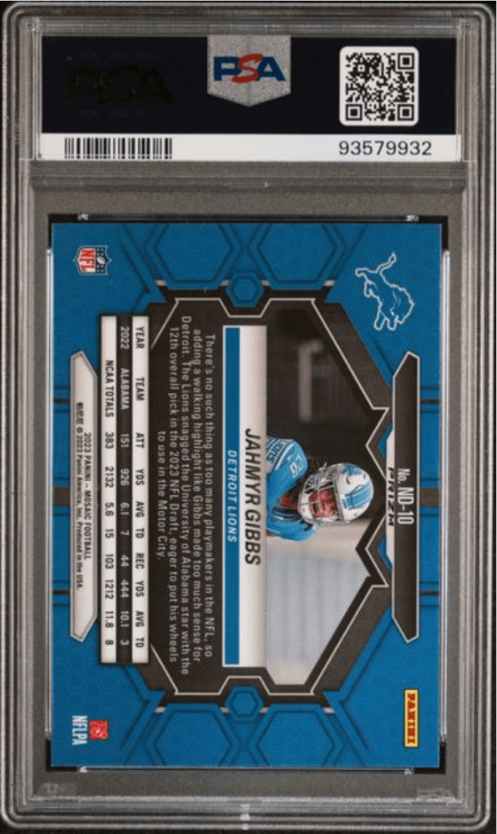 Graded 2023 Panini Mosaic Jahmyr Gibbs #ND10 NFL Debut Green Rookie RC Football Card PSA 10 Gem Mint