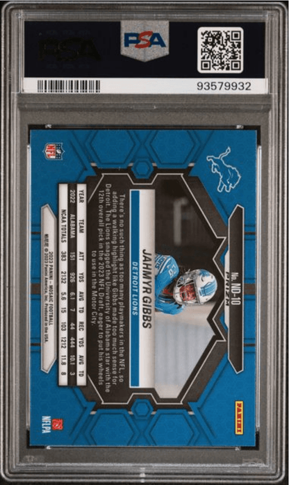 Graded 2023 Panini Mosaic Jahmyr Gibbs #ND10 NFL Debut Green Rookie RC Football Card PSA 10 Gem Mint