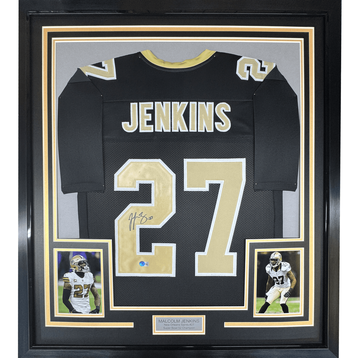 Framed Autographed/Signed Malcolm Jenkins 35x39 New Orleans Black Football Jersey Beckett BAS COA