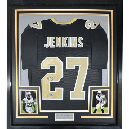 Framed Autographed/Signed Malcolm Jenkins 35x39 New Orleans Black Football Jersey Beckett BAS COA